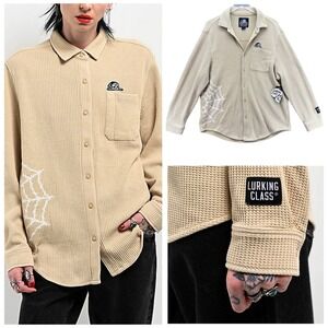 Lurking Class Womens Spider Web Long Sleeve Thermal Button Up Shirt Size L Beige
